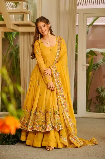 Yellow crunshy silk party wear embroidery sharara    suit set