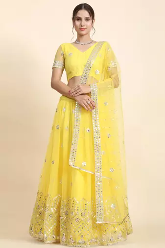 yellow embroidery net designer lehenga choli set