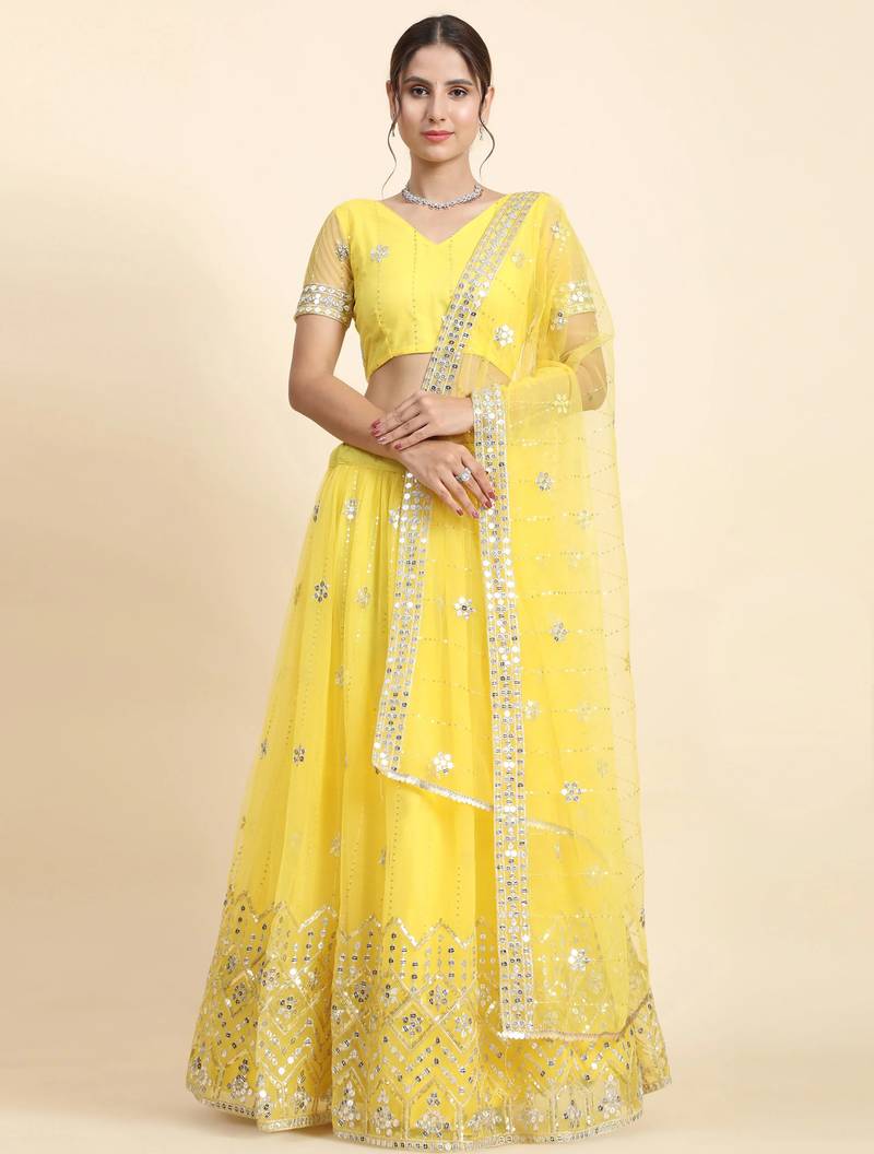 yellow embroidery net designer lehenga choli set