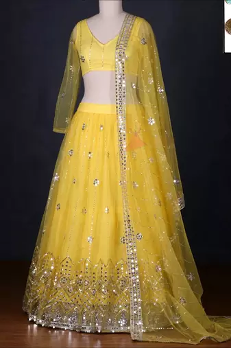 yellow embroidery net designer lehenga choli set