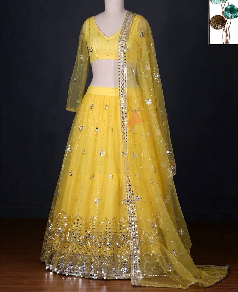 yellow embroidery net designer lehenga choli set