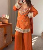 Kedarfab women's silk mirror embroidered crop top kurta palazzo with dupatta set