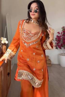 Kedarfab women's silk mirror embroidered crop top kurta palazzo with dupatta set 2
