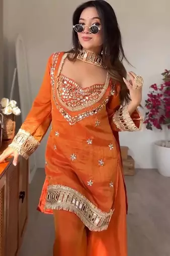 Kedarfab women's silk mirror embroidered crop top kurta palazzo with dupatta set