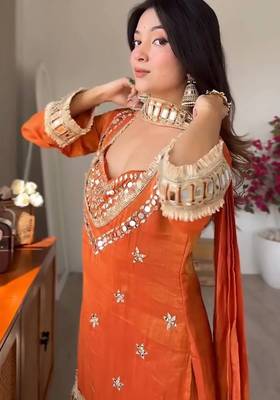 Kedarfab women's silk mirror embroidered crop top kurta palazzo with dupatta set 3