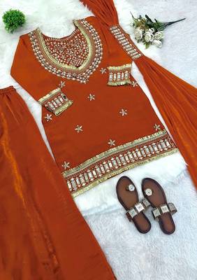Kedarfab women's silk mirror embroidered crop top kurta palazzo with dupatta set 4