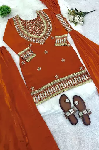 Kedarfab women's silk mirror embroidered crop top kurta palazzo with dupatta set
