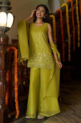 Kedarfab women's organza silk sequins embroidered kurta palazzo with dupatta set