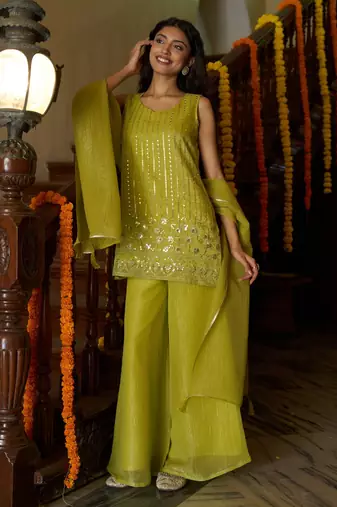 Kedarfab women's organza silk sequins embroidered kurta palazzo with dupatta set