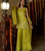 Kedarfab women's organza silk sequins embroidered kurta palazzo with dupatta set