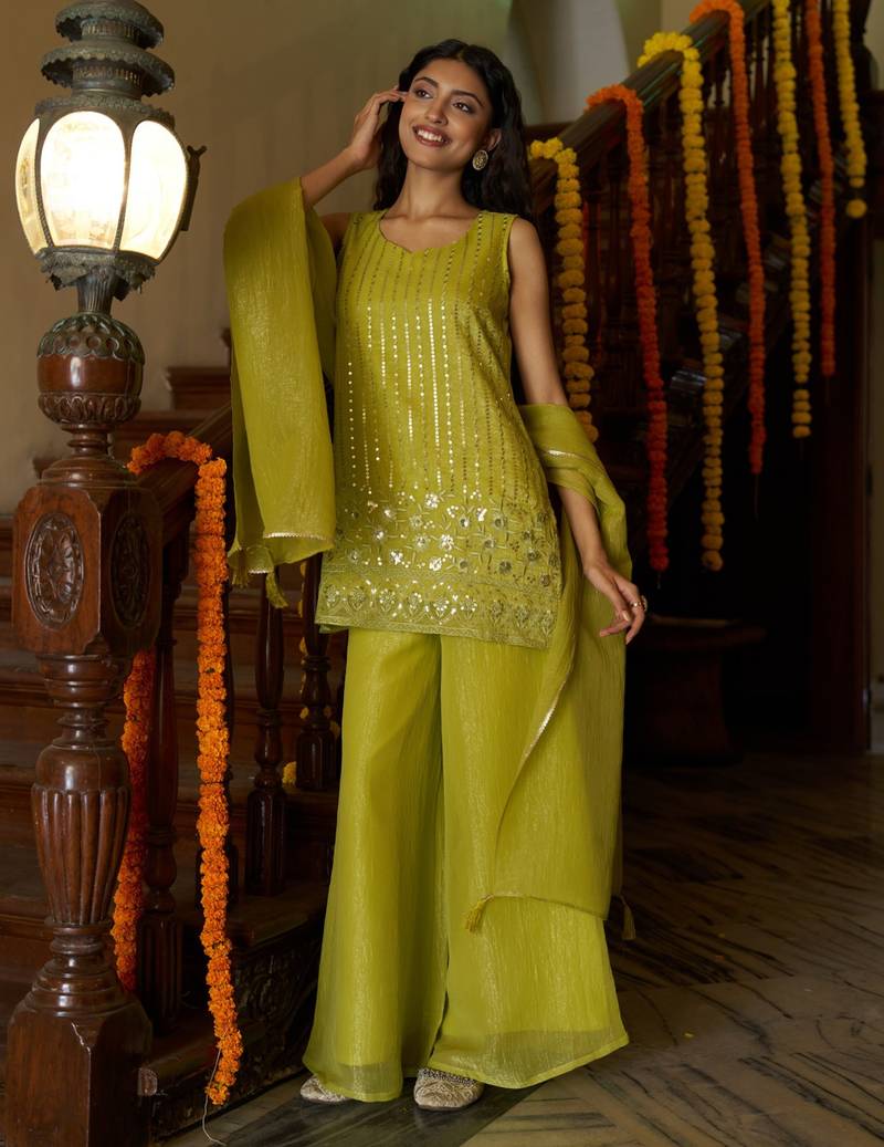 Kedarfab women's organza silk sequins embroidered kurta palazzo with dupatta set