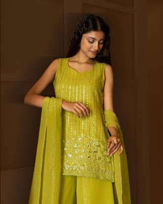 Kedarfab women's organza silk sequins embroidered kurta palazzo with dupatta set 2