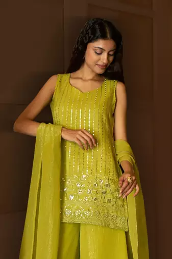 Kedarfab women's organza silk sequins embroidered kurta palazzo with dupatta set