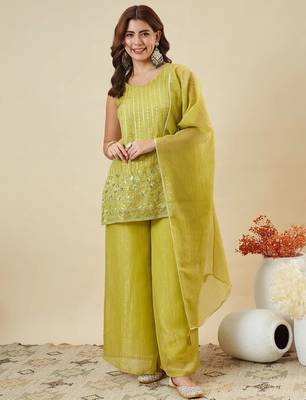 Kedarfab women's organza silk sequins embroidered kurta palazzo with dupatta set 3