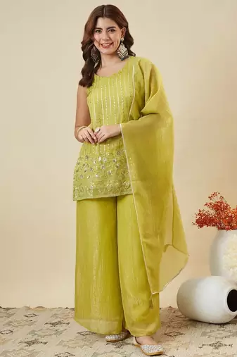 Kedarfab women's organza silk sequins embroidered kurta palazzo with dupatta set