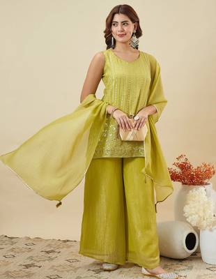 Kedarfab women's organza silk sequins embroidered kurta palazzo with dupatta set 4