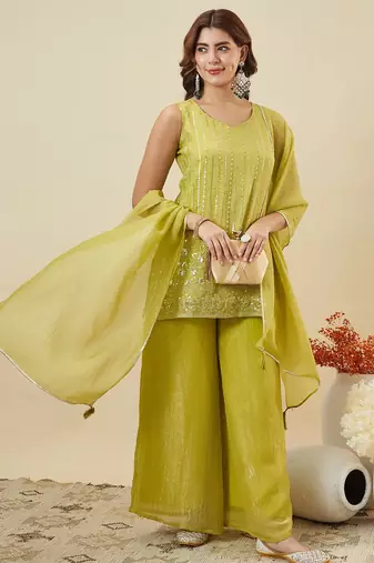 Kedarfab women's organza silk sequins embroidered kurta palazzo with dupatta set