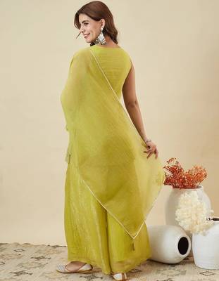 Kedarfab women's organza silk sequins embroidered kurta palazzo with dupatta set 5