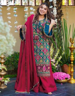 Kedarfab women's  silk traditional motiff printed kurta palazzo with dupatta set 1