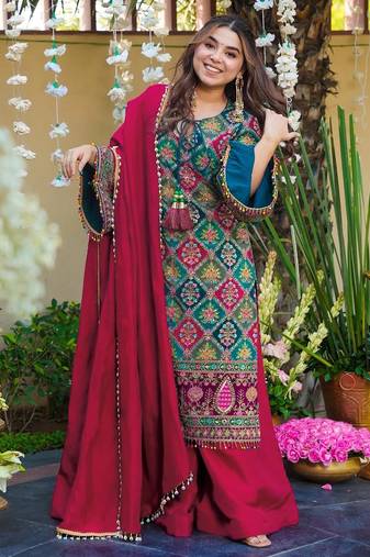 Kedarfab women's pure silk traditional motiff printed kurta palazzo with dupatta set