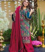 Kedarfab women's pure silk traditional motiff printed kurta palazzo with dupatta set