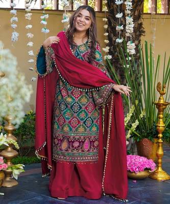 Kedarfab women's  silk traditional motiff printed kurta palazzo with dupatta set 2