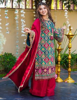 Kedarfab women's  silk traditional motiff printed kurta palazzo with dupatta set 3