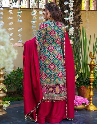 Kedarfab women's  silk traditional motiff printed kurta palazzo with dupatta set 4