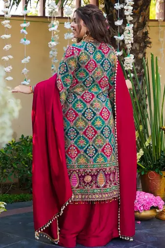 Kedarfab women's pure silk traditional motiff printed kurta palazzo with dupatta set