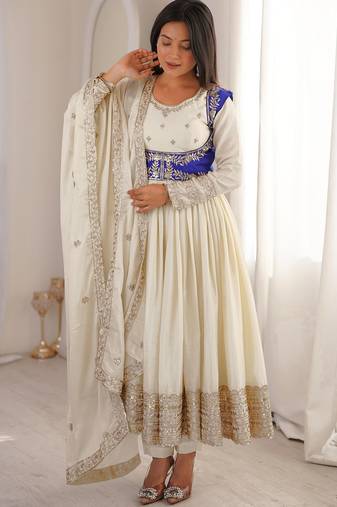 Kedarfab women's chinnon silk traditional motiff anarkali kurta pant with dupatta set