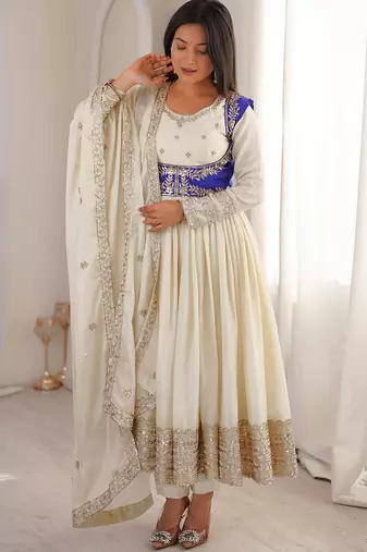 Kedarfab women's chinnon silk traditional motiff anarkali kurta pant with dupatta set