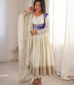 Kedarfab women's chinnon silk traditional motiff anarkali kurta pant with dupatta set