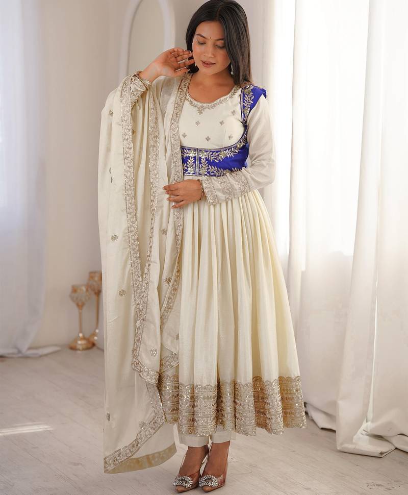 Kedarfab women's chinnon silk traditional motiff anarkali kurta pant with dupatta set