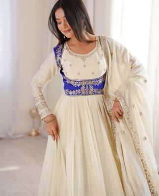 Kedarfab women's chinnon silk traditional motiff anarkali kurta pant with dupatta set 3