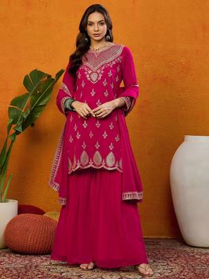 Kedarfab women's georgette butta motiff embroidered kurta sharara with dupatta set 1
