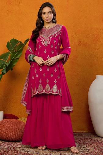 Kedarfab women's georgette butta motiff embroidered kurta sharara with dupatta set