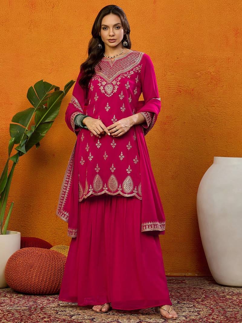 Kedarfab women's georgette butta motiff embroidered kurta sharara with dupatta set