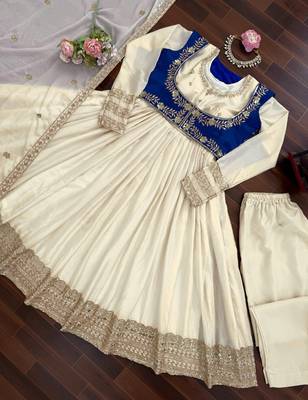 Kedarfab women's chinnon silk traditional motiff anarkali kurta pant with dupatta set 5