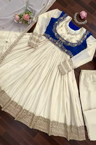 Kedarfab women's chinnon silk traditional motiff anarkali kurta pant with dupatta set
