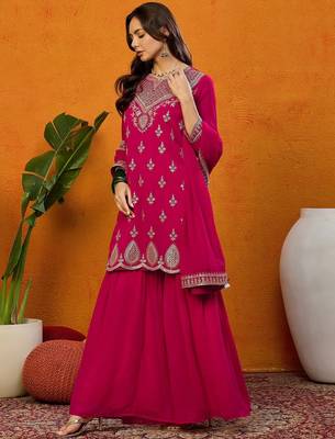 Kedarfab women's georgette butta motiff embroidered kurta sharara with dupatta set 3