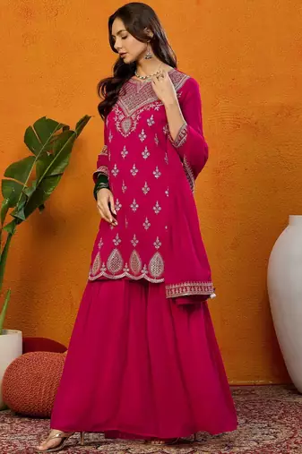 Kedarfab women's georgette butta motiff embroidered kurta sharara with dupatta set