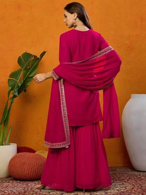 Kedarfab women's georgette butta motiff embroidered kurta sharara with dupatta set 4