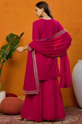 Kedarfab women's georgette butta motiff embroidered kurta sharara with dupatta set