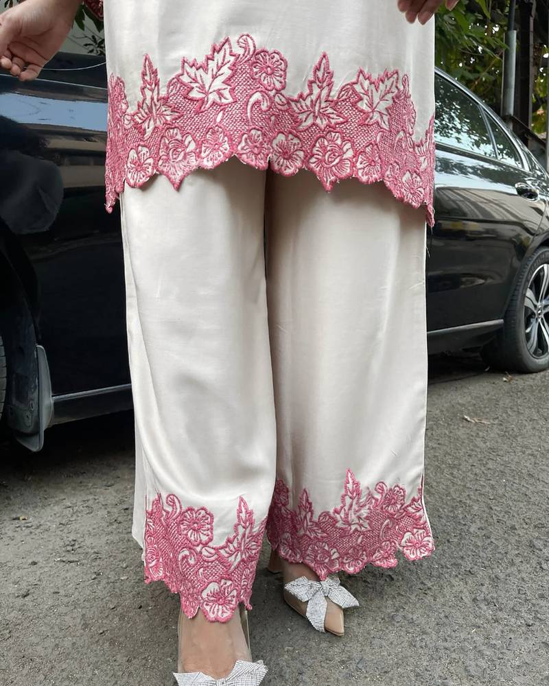 Kedarfab women's cotton blend floral embroidered kurta palazzo set