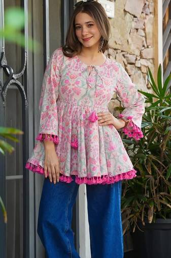 Kedarfab women's cotton blend floral printed short kurti