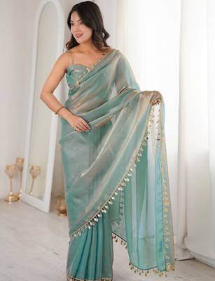 Women's shimmer silk mirror work saree with blouse piece 1
