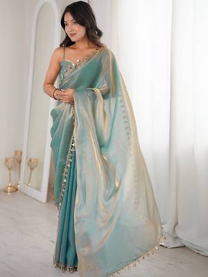 Women's shimmer silk mirror work saree with blouse piece 2