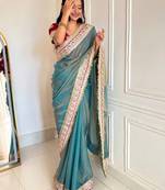 Women's shimmer silk traditional motiff embroidered saree with blouse piece