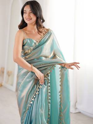 Women's shimmer silk mirror work saree with blouse piece 3