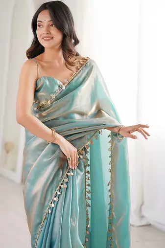 Women's shimmer silk mirror work saree with blouse piece